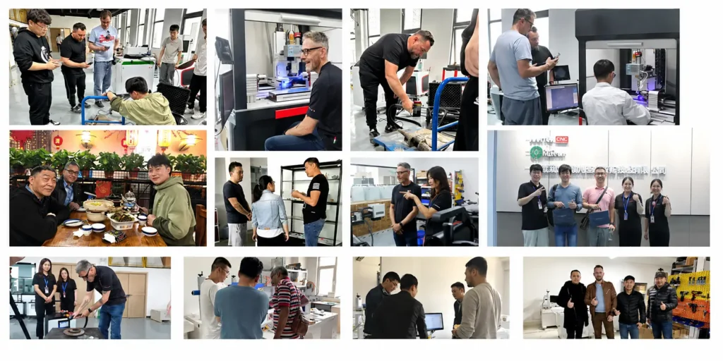 Customers receiving machine demonstrations at TengWen Laser
