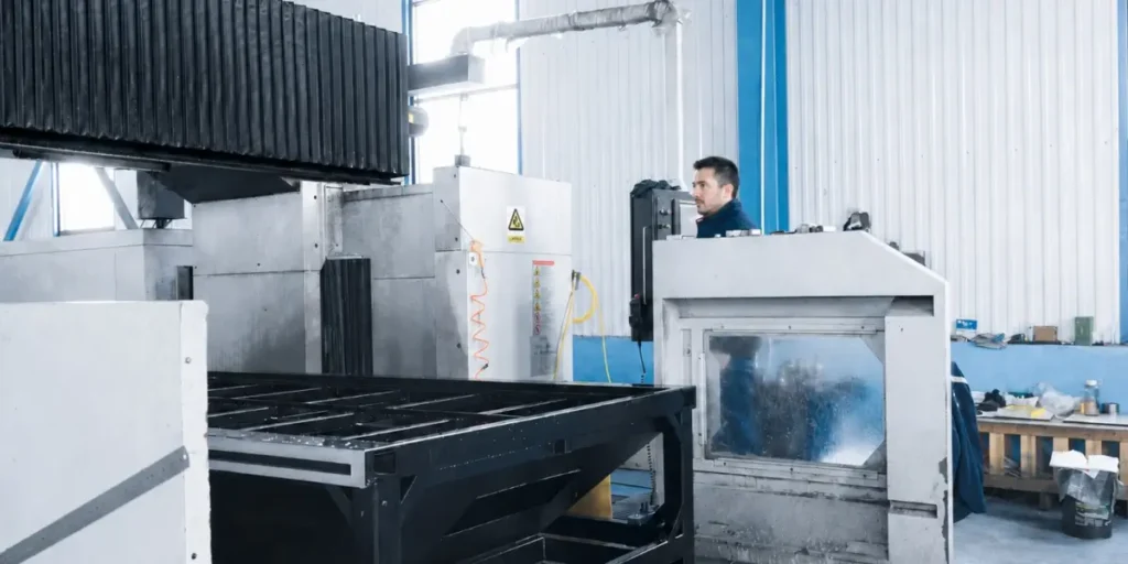 Operator checking a fiber laser cutting machine