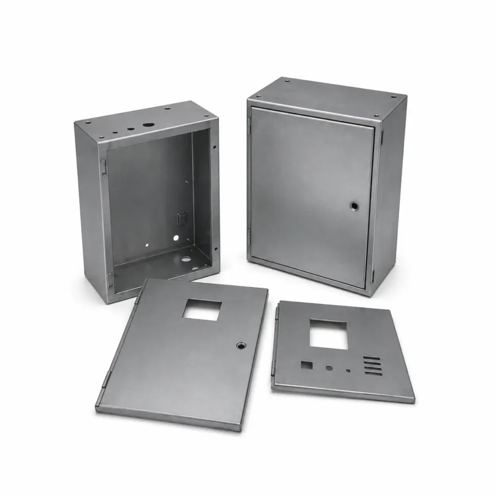 Metal electrical enclosures and cover plates