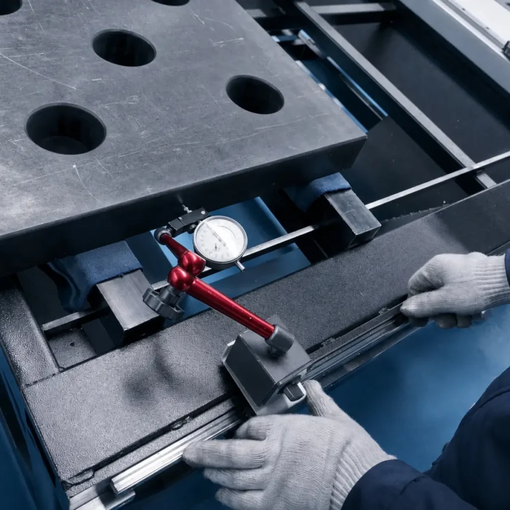Technician measuring a laser cutting machine frame