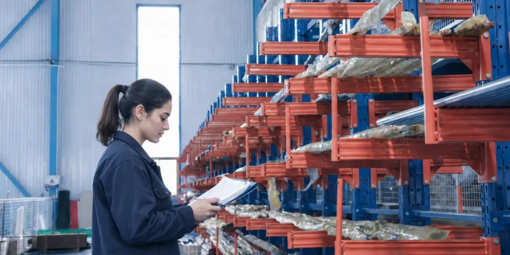 Worker checking machine parts in factory storage