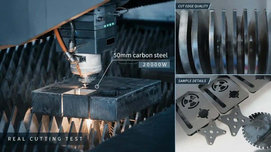Fiber laser cutting test showing carbon steel cutting, cut edges and sample details