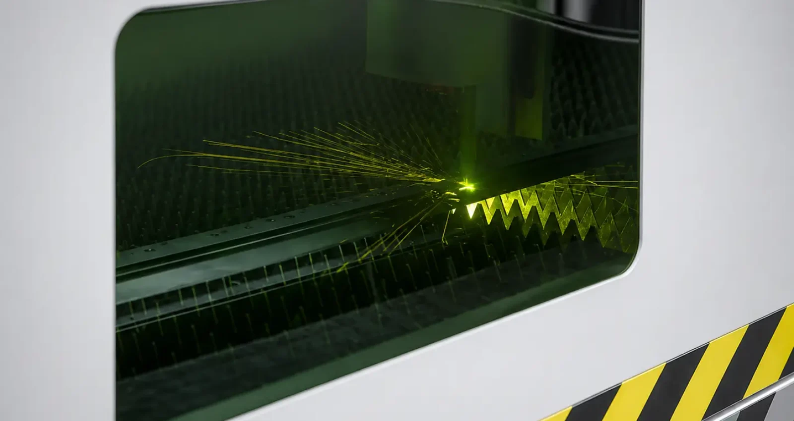 Laser cutting viewed through the machine enclosure window