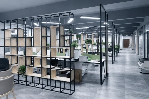 Modern office and showroom area with open metal shelving