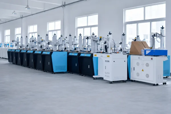 Rows of flatbed laser cutting machines in a spacious manufacturing workshop